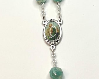 Saint Jude Auto/Car  Rosary: Turquoise  Electroplated Glass Pocket  Rosary, Catholic Bag and Car Blessing Charm