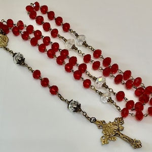 32RLR807 Antique Bronze Red Glass Beads and Crystal Divine Mercy /Holy Family Rosary, Devotional Rosary, Rosary, Divine Mercy Rosary, Rosary