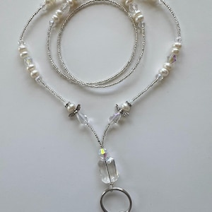LPL2501 Angelic White Freshwater Potato Pearls ID Lanyard ID Badge Holder ID Badge Lanyard Pearl and Crystal Lanyard Gift for Mom Coworker