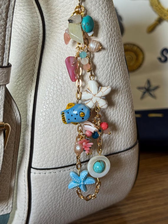 Ocean Theme Bag Charm: Blue Fish,  Seashells, Pearls & Starfish Bag Charm, Nautical Theme Purse Charm/Purse Charm, Cellphone Charm