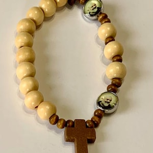 WRB2430 Natural Round  Wooden Padre Pio Rosary Bracelet, Padre Pio Rosary Bracelet, Wooden Rosary Bracelet Devotional Rosary Bracelet