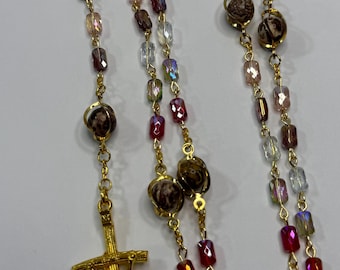 Multicolor Saint Benedict Rosary: Jasper and  multi color rectangular electroplated Glass Beads  Catholic Rosary,  Catholic Gift Ideas