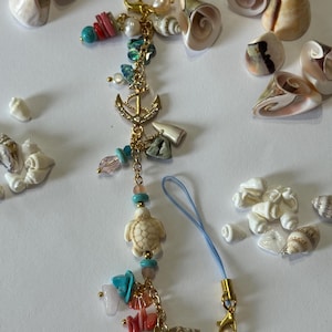 Ocean Bag Charm: Gold Anchor Charm, Bag Charm   Nautical Theme Bag charm and Cellphone, Turquoise Turtle & Pearl Dangles Charm Gift Idea