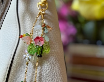 Green Ladybug Charm Bag Accessory and Keychain: Green Garden Theme Keychain Ladybug Bag Chain Cellphone Flower and Ladybug Bag Charm