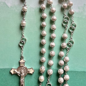 01 WRR101  Saint Benedict White Pearl Infinity Wedding Rosary, Saint Benedict Rosary, Devotional Wedding Rosary, Wedding Rosary Gift, Rosary