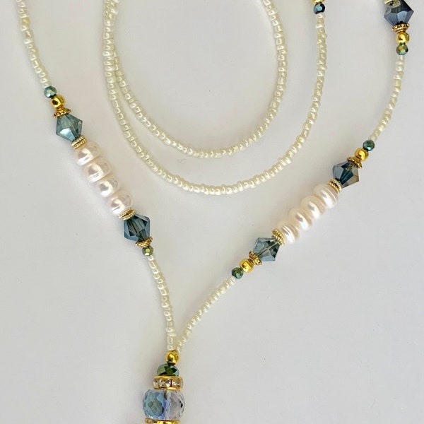 41LPM2005 Golden Angelic FreshWater Pearls Aegean Blue Lanyard