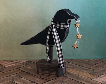Primitive Country Farmhouse Decor / Primitive Crow / Tray decor /Room decor / Shelf Sitter/ Mini Grungy Stars, Fall & Halloween Decor