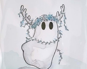 OR004C- Ghost Boo - Fawn Deer Winter Season Spirit Blue - Original Illustration