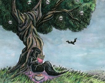 236- Peaceful Picnic Grim Reaper, Halloween Bookworm, fantasy Art Print