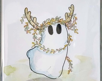 OR004F- Ghost Boo - Fawn Deer Fall Season Spirit Orange - Original Illustration