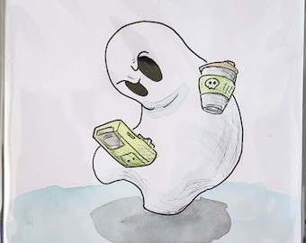 OR019B- Ghost Boo - Gamer Spirit Green Gameboy - Original Illustration