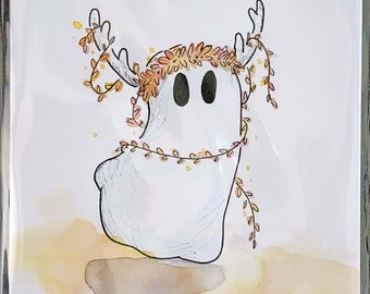 OR004H- Ghost Boo - Fawn Deer Fall Season Spirit Orange - Original Illustration