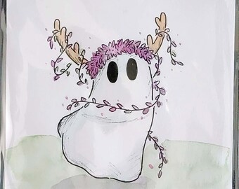 OR004G- Ghost Boo - Fawn Deer Spring Season Spirit Pink - Original Illustration