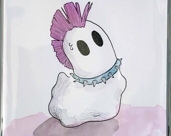 OR018A- Ghost Boo - Punk Rock Spirit Magenta Mohawk - Original Illustration