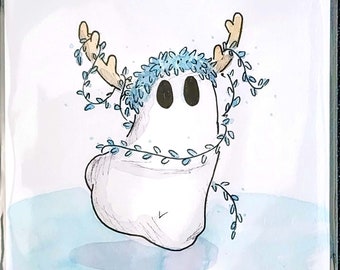 OR004A- Ghost Boo - Fawn Deer Winter Season Spirit Blue - Original Illustration