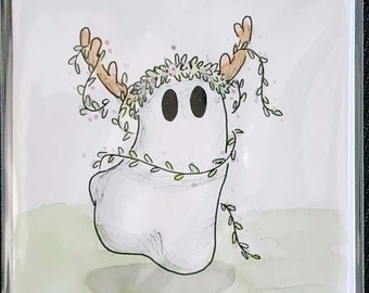 OR004D- Ghost Boo - Fawn Deer Spring Season Spirit Green - Original Illustration