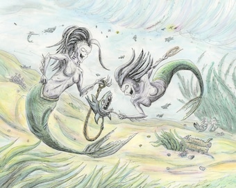 140 - Mermaid Shark Park, Mythical Sea Creatures Art Print