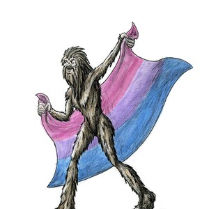 May include: A hairy, bipedal creature holds a bisexual pride flag, with pink, purple, and blue stripes, in front of a white background.