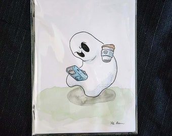 OR019D- Ghost Boo - Gamer Spirit Blue Gameboy - Original Illustration