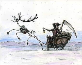 165- Santa Grim Reaper, Skeleton Reindeer, Christmas Holiday fantasy Art Print