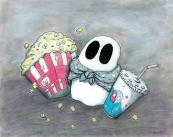234 - Cute Ghost Movie Night Art Print - Halloween Fantasy
