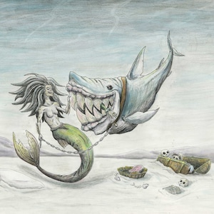 104 - Mermaid Pet Shark, Mythical Sea Creature, Dark Fantasy Art Print