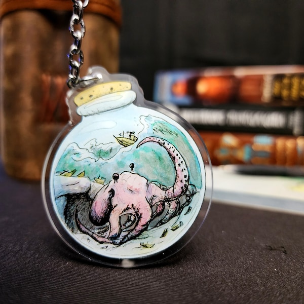 183 - Bottled Kraken Keychain - Octopus attack Jar Terrarium