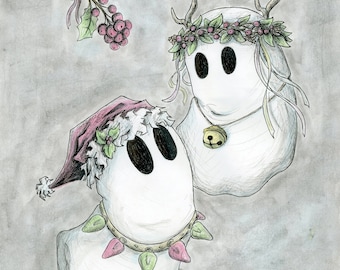 164- Holiday Spirits, Ghosts Boo, Christmas fantasy Art Print