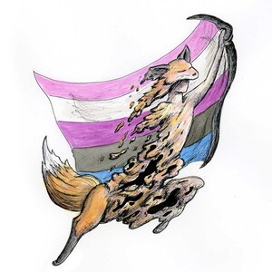 May include: A fox-like creature with a human-like body is dissolving into a pile of brown and black rock-like material. The creature is holding a genderqueer pride flag with pink, white, gray, and blue stripes.