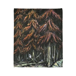 May include: A hand-drawn illustration of a dark forest with tall, thin trees. The trees have a reddish-brown hue and are drawn with a lot of detail. There are several white ghost figures scattered throughout the forest.