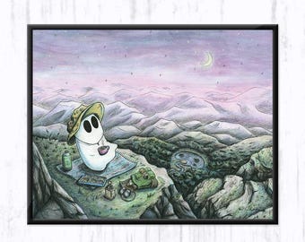 260 - Cute Ghost Hiking | Mountainscape | Art Print | Adventure