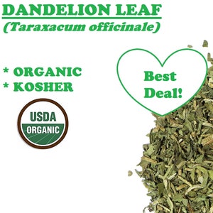 May include: A pile of dried dandelion leaf, labelled as organic and kosher, with a USDA Organic seal. The text "Best Deal!" is in a heart shape.