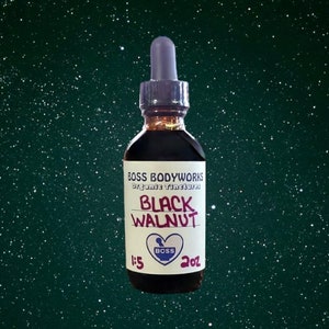 May include: A dark brown glass bottle with a dropper top. The bottle is labeled "BOSS BODYWORKS Organic Tinctures BLACK WALNUT 1.5 oz".