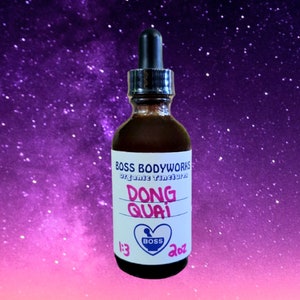 May include: A glass bottle with a dropper top filled with a dark liquid. The label reads "BOSS BODYWORKS Organic Tincture DONG QUAI 1.3 oz". The bottle is against a purple and pink starry background.