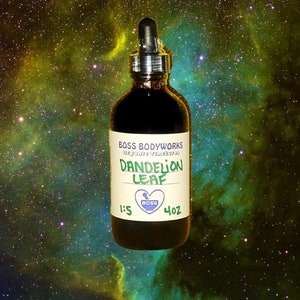 May include: A dark brown glass bottle with a dropper top and a white label that reads "BOSS BODYWORKS Organic Tinctures Dandelion Leaf 1:5 4oz". The bottle is against a background of a nebula with stars.