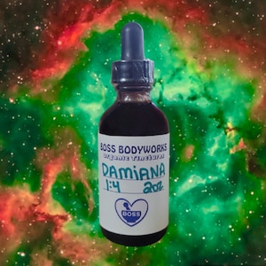 May include: A 1:4 oz bottle of Damiana organic tincture from Boss Bodyworks. The bottle is dark brown glass with a white label. The label has a heart with a mortar and pestle inside and the word "Boss" below it.