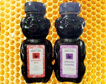 Organic Infused Honey - YOUR CHOICE - Raspberry Rose or Ginseng Jasmine, root chakra, crown chakra, herbal honey