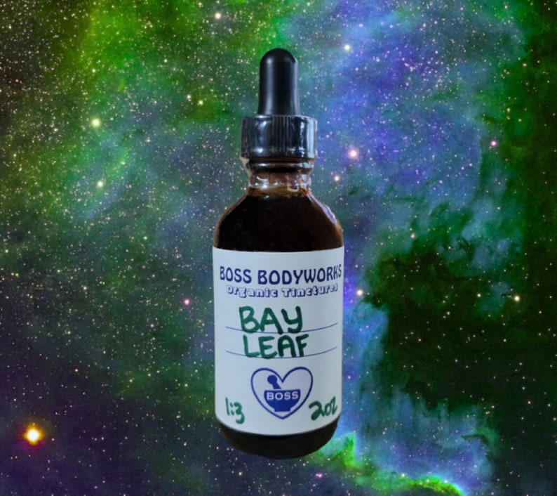 sealed dark amber glass dropper bottle of organic Bay Leaf 1:3 strength tincture made by Boss Bodyworks