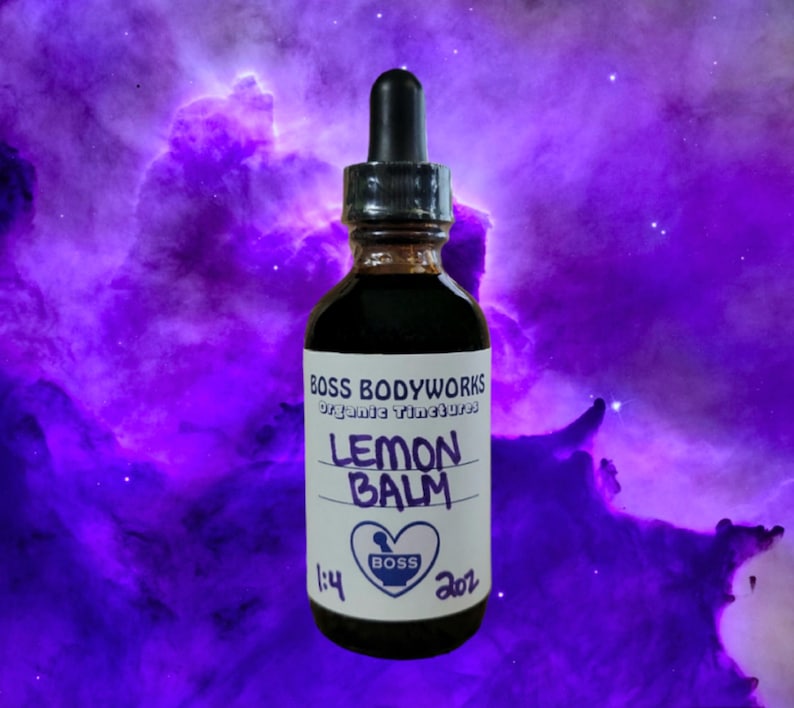 sealed glass dropper bottle of organic Lemon Balm 1:4 Strength Tincture, made by Boss Bodyworks