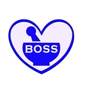 May include: A blue heart-shaped graphic with a mortar and pestle inside. The mortar and pestle are white with the word "BOSS" in white letters.