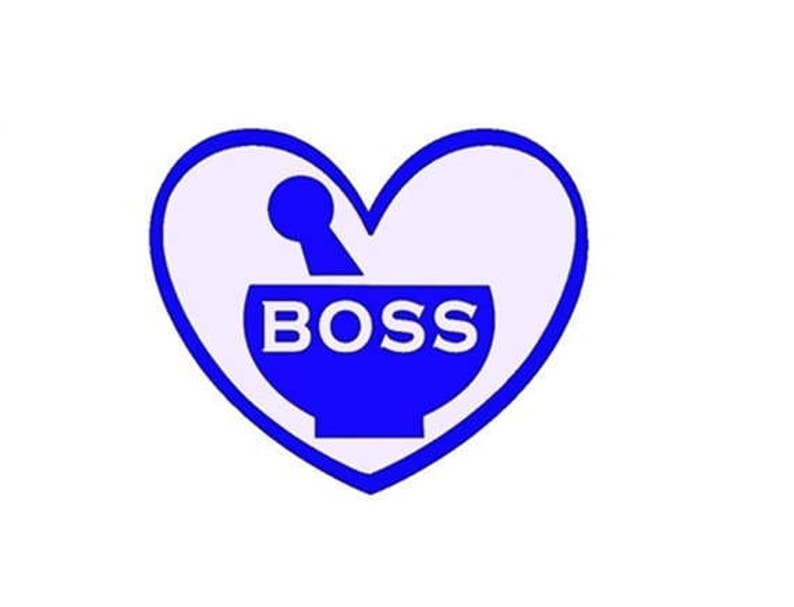 May include: A blue heart-shaped graphic with a mortar and pestle inside. The mortar and pestle are white with the word "BOSS" in white letters.