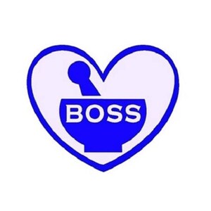 Puede incluir: Un coraz&oacute;n azul con un mortero y una maja azules en su interior. El mortero y la maja tienen la palabra "BOSS" escrita en &eacute;l.