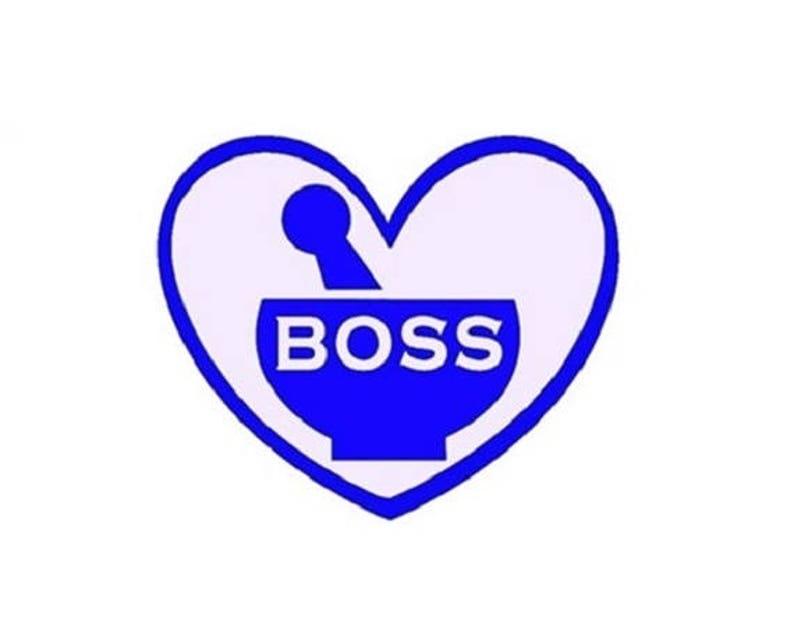 Puede incluir: Un coraz&oacute;n azul con un mortero y una maja azules en su interior. El mortero y la maja tienen la palabra "BOSS" escrita en &eacute;l.