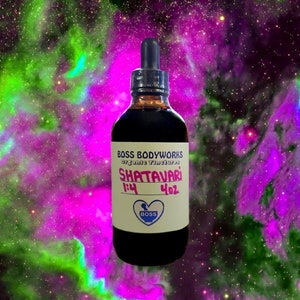 May include: A dark glass bottle with a dropper, labeled "BOSS BODYWORKS Organic Tinctures SHATAVARI 1:4 4oz" with a heart logo that says "BOSS".