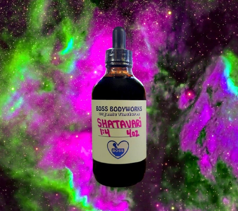 May include: A dark glass bottle with a dropper, labeled "BOSS BODYWORKS Organic Tinctures SHATAVARI 1:4 4oz" with a heart logo that says "BOSS".