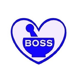 May include: A blue heart-shaped graphic with a mortar and pestle inside. The word "BOSS" is written in white letters inside the mortar and pestle.