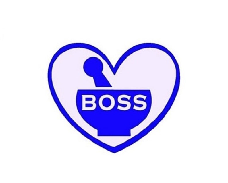 May include: A blue heart-shaped graphic with a mortar and pestle inside. The word "BOSS" is written in white letters inside the mortar and pestle.