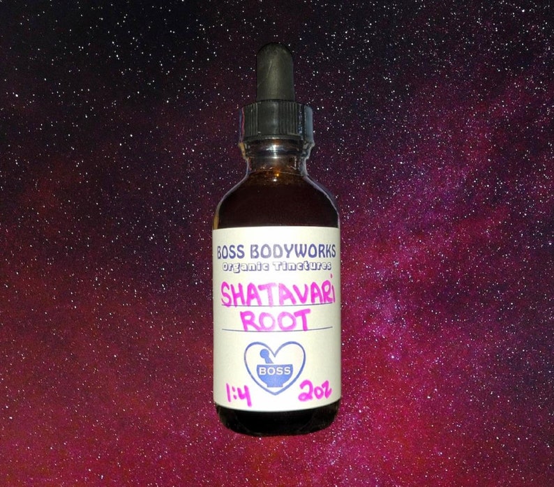 sealed glass amber dropper bottle of organic shatavari root 1:4 strength tincture made by boss bodyworks