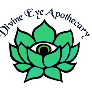 May include: A green lotus flower with a single eye in the center. The eye is black with a green iris. The text "Divine Eye Apothecary" is written in a cursive font around the flower.