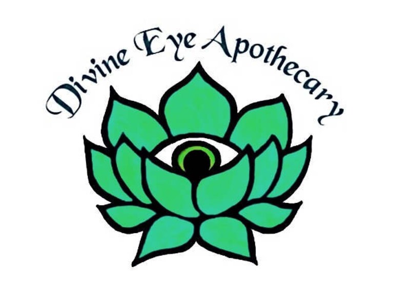 May include: A green lotus flower with a single eye in the center. The eye is black with a green iris. The text "Divine Eye Apothecary" is written in a cursive font around the flower.